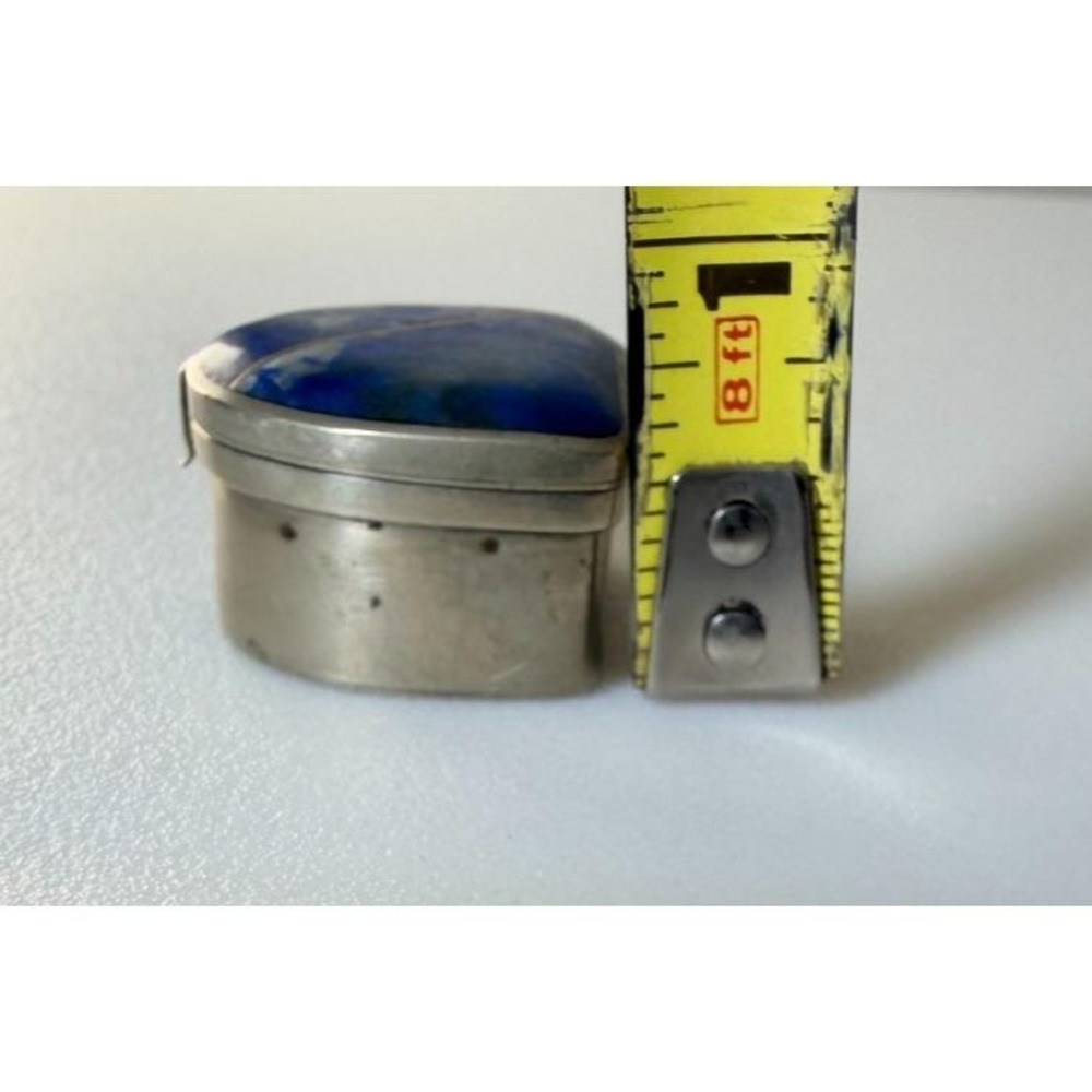 Lapis Lazuli Ring Pill Trinket Box Silver Metal Trim & Hinged Lid Pyrite Flecks - Picture 11 of 11